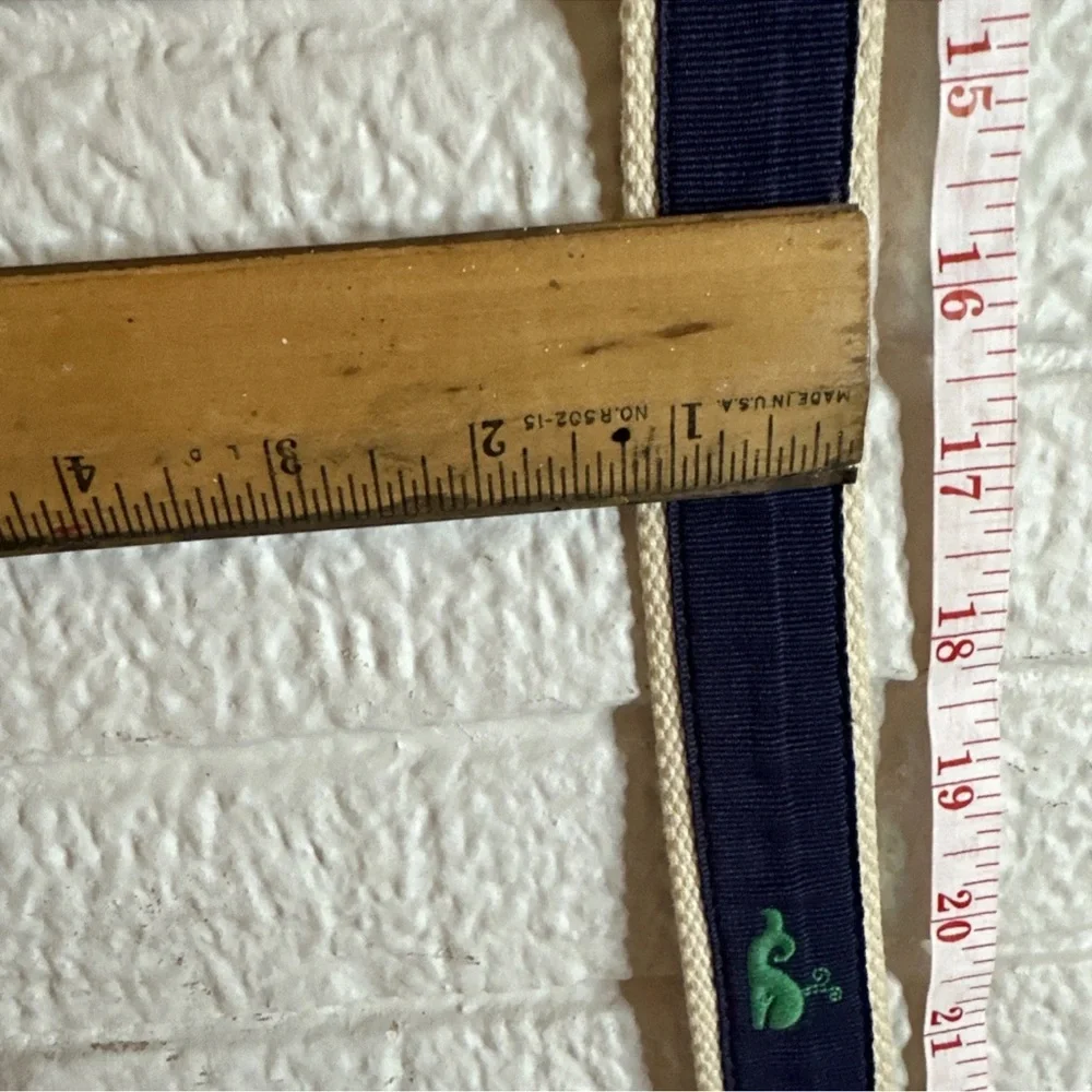 J. Crew Navy Canvas Belt with Green Whale Embroidery & Brown Leather Trim 34